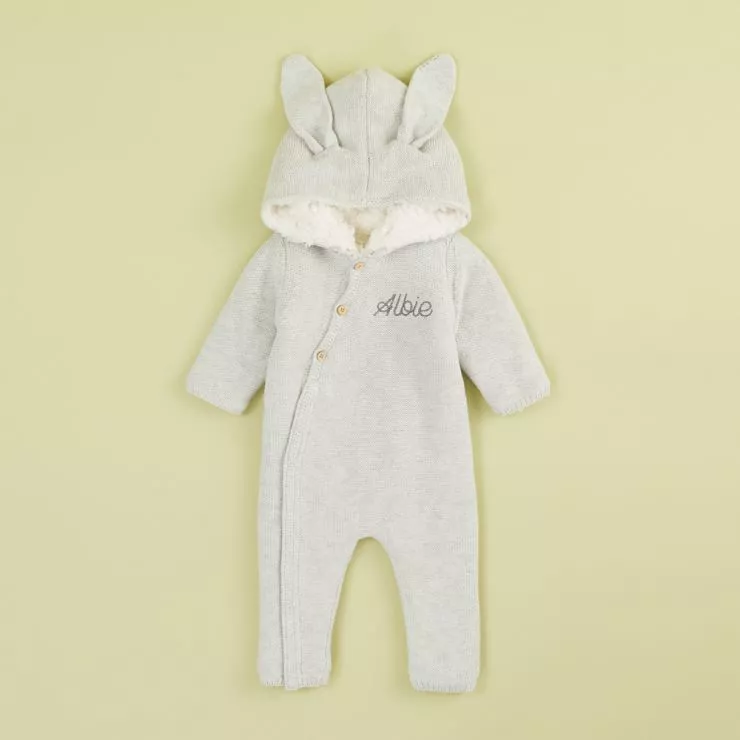 Personalised Grey Knitted Baby Romper Flat