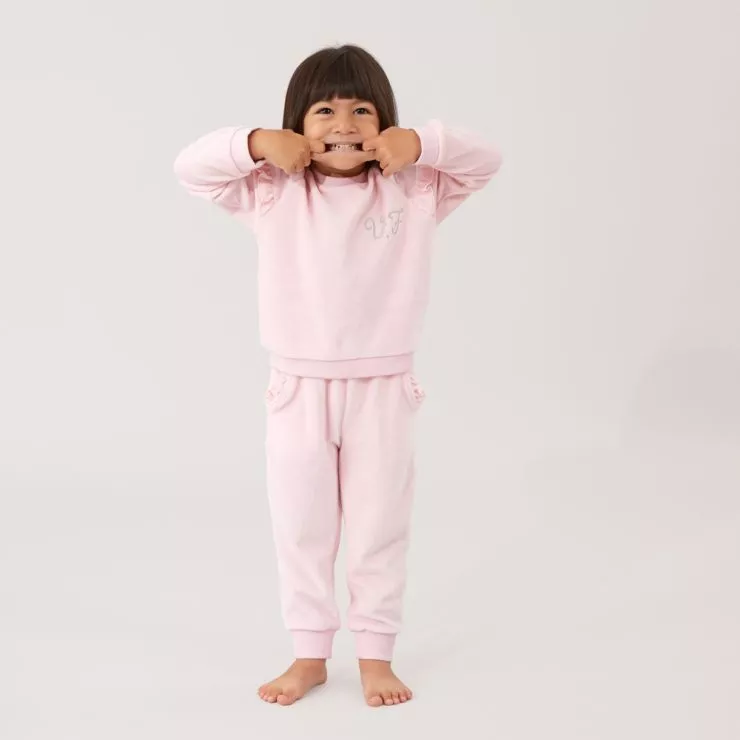 Personalised Pink Ruffle Detail Velour Tracksuit Model