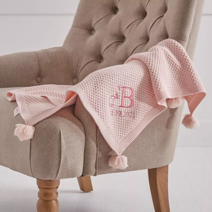 Personalised Pink Heritage Cashmere Blend Baby Blanket with Pom Poms
