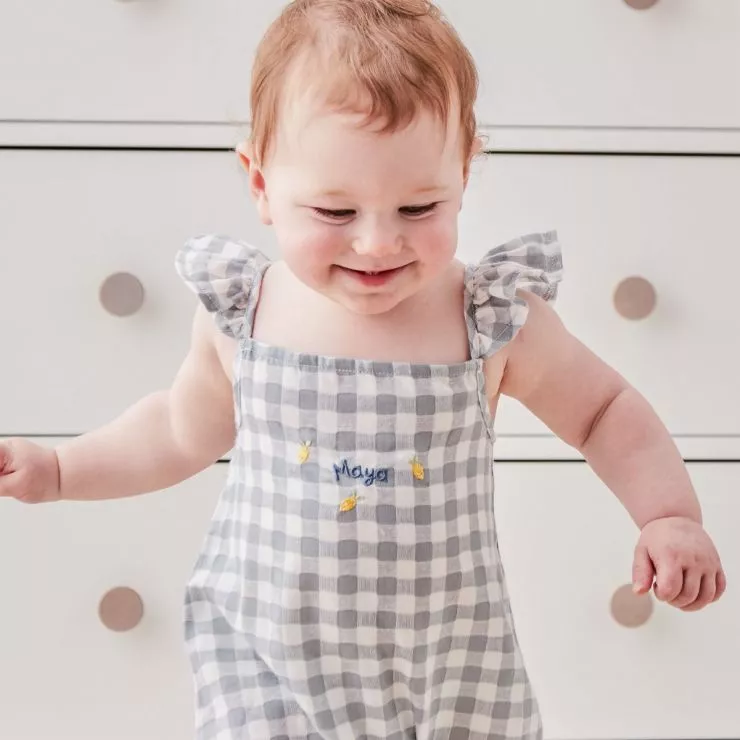 Personalised Grey and White Plaid Romper by VIGNETTE
