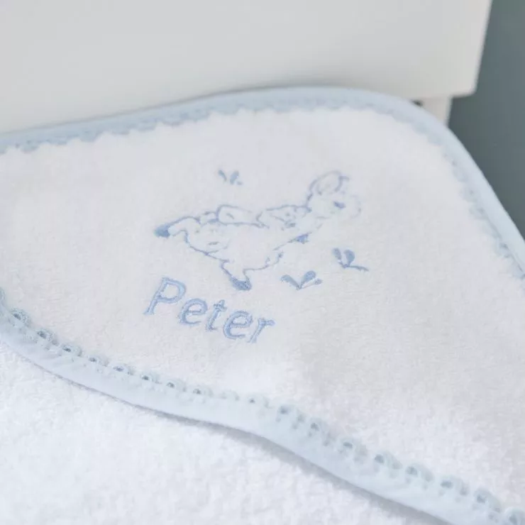 Personalised Blue Picot Trim Peter Rabbit Hooded Towel
