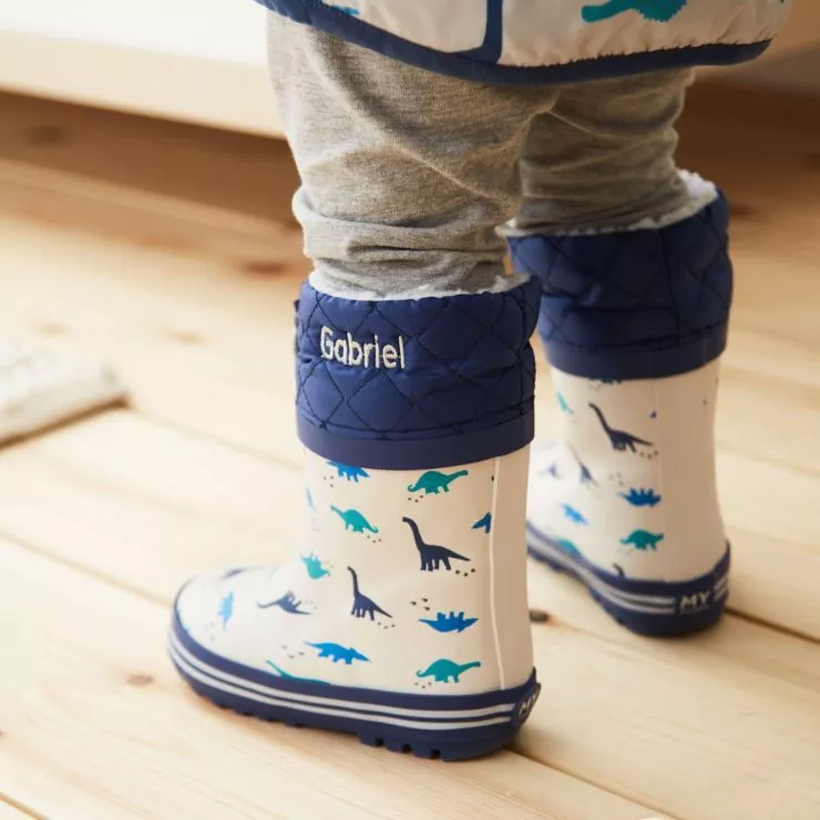 Personalised Grey Dinosaur Print Welly Boots