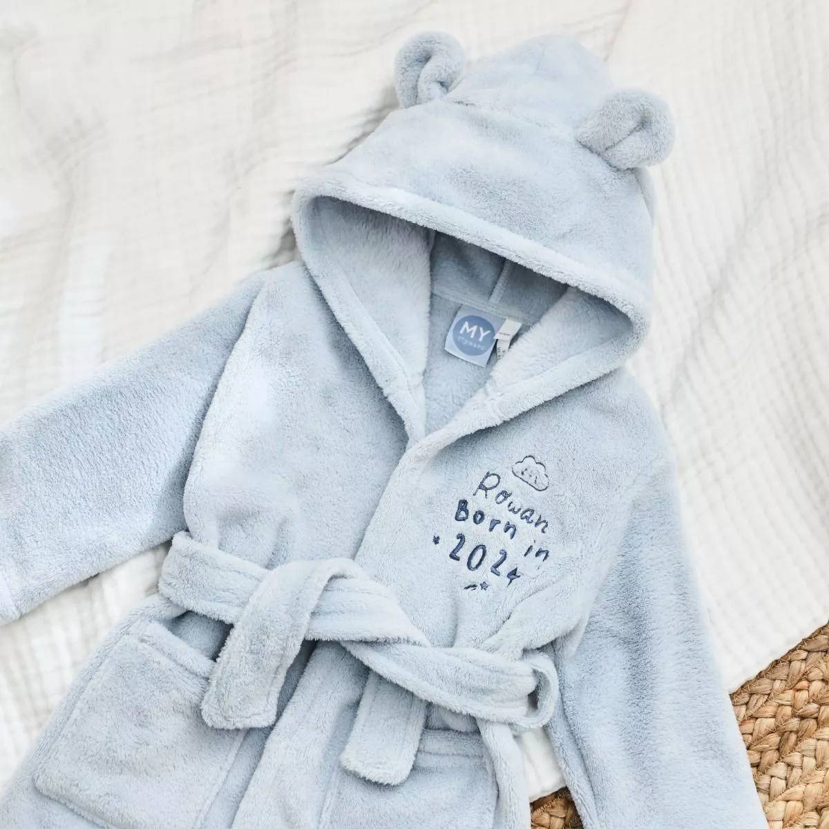 Personalised Born in 2024 Blue Fleece Robe with Ears