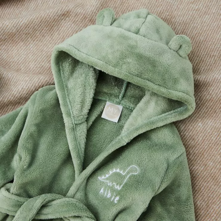 Personalised Dinosaur Design Sage Green Fleece Robe 