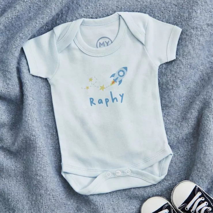 Personalised Blue Rocket Baby Bodysuit