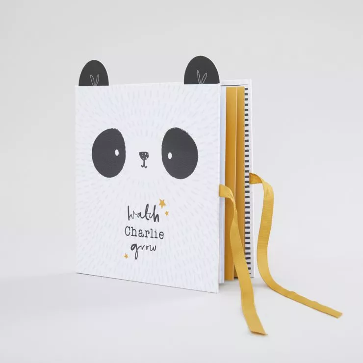 Personalised Monochrome Panda Design Baby Record Book Side View