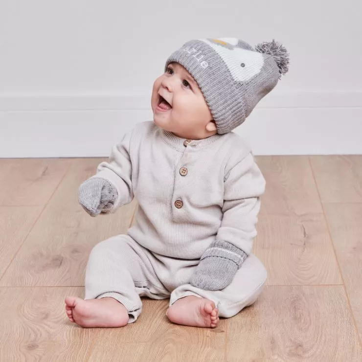 Personalised Grey Penguin Hat & Mittens Set