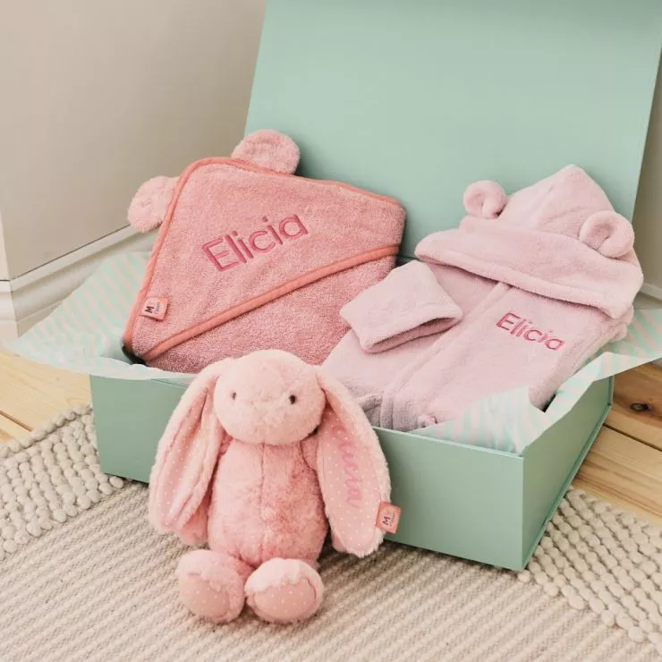 Personalised Pink Splash, Snuggle & Cuddle Gift Set