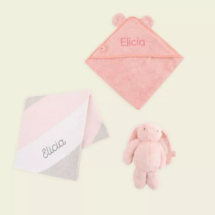 Personalised Pink New Baby Essentials Gift Set With Stripe Blanket